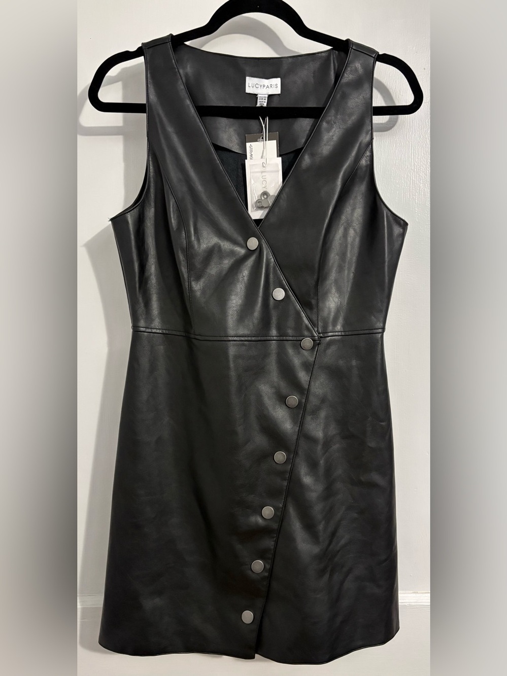 Lucy Paris Black Faux Leather Asymmetrical Snap Mini Dress